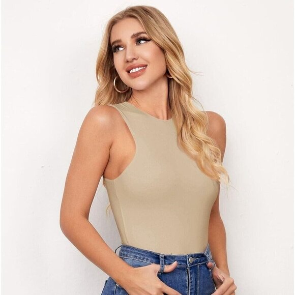Grey lab Solid Crewneck Sleeveless Cami Bodysuit Tan Womens Size M - Picture 1 of 6